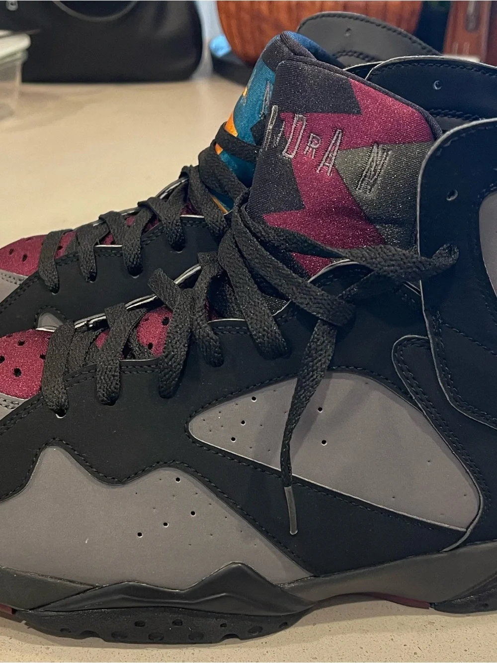 Jordan High-Top Sneakers in Black, Gray & Burgundy with Multicolor Tongue
